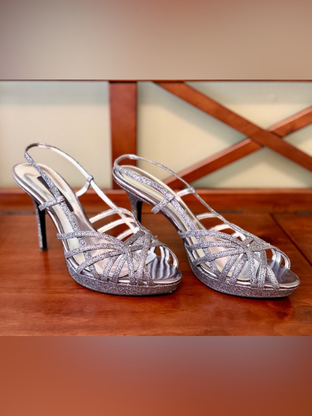Nina Fonda Pewter Glitter Strappy Slingback Heels